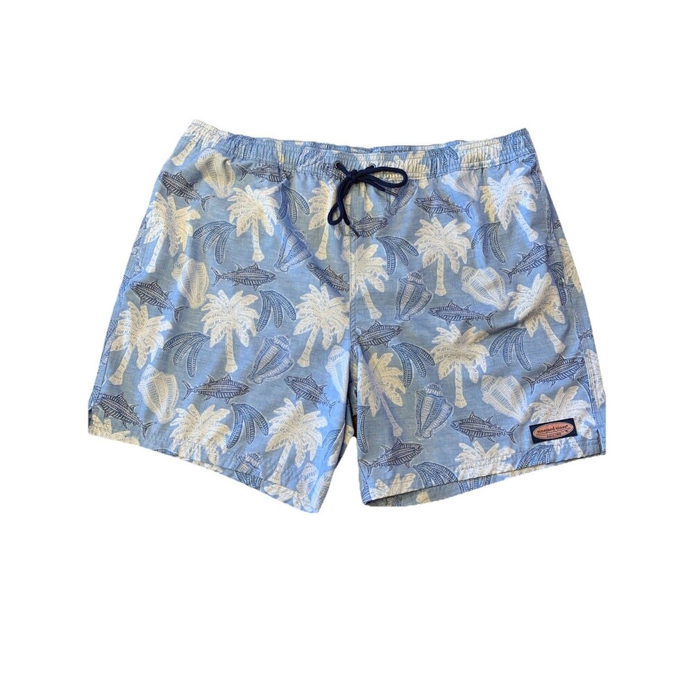 Vineyard Vines Mens Swim Trunks XL Beach Tropical Fish Seashells Palm Trees Blue